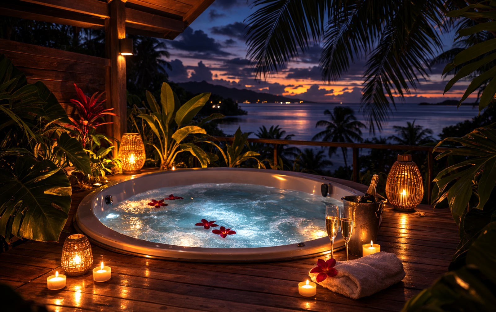 Jacuzzi privé romantique à Tahiti de nuit