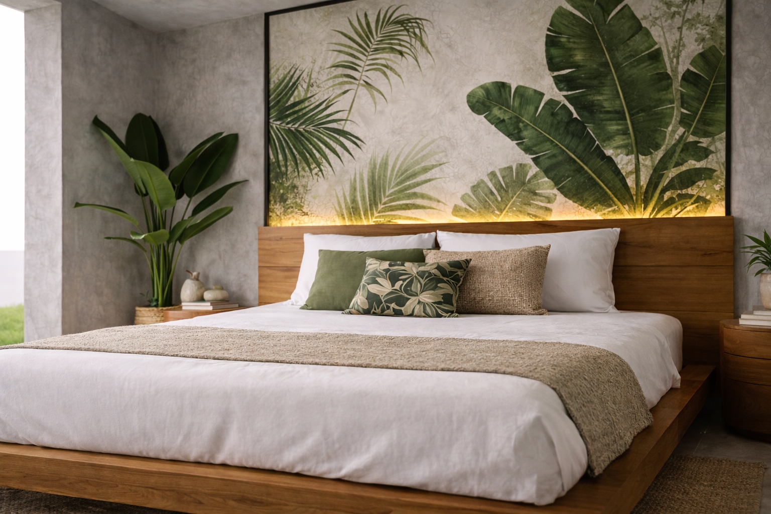 Lit queen size décoration tropicale