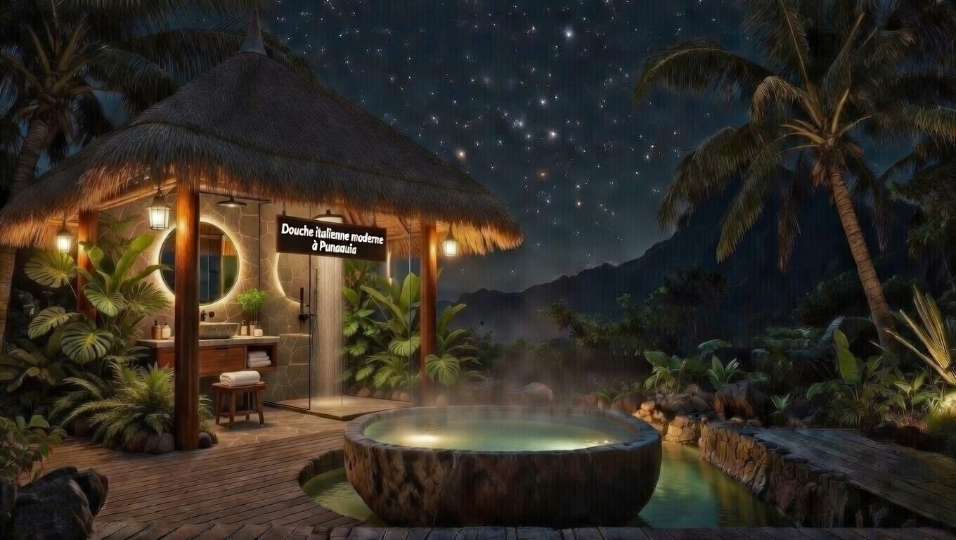 Salle de bain végétale avec douche italienne à Tahiti