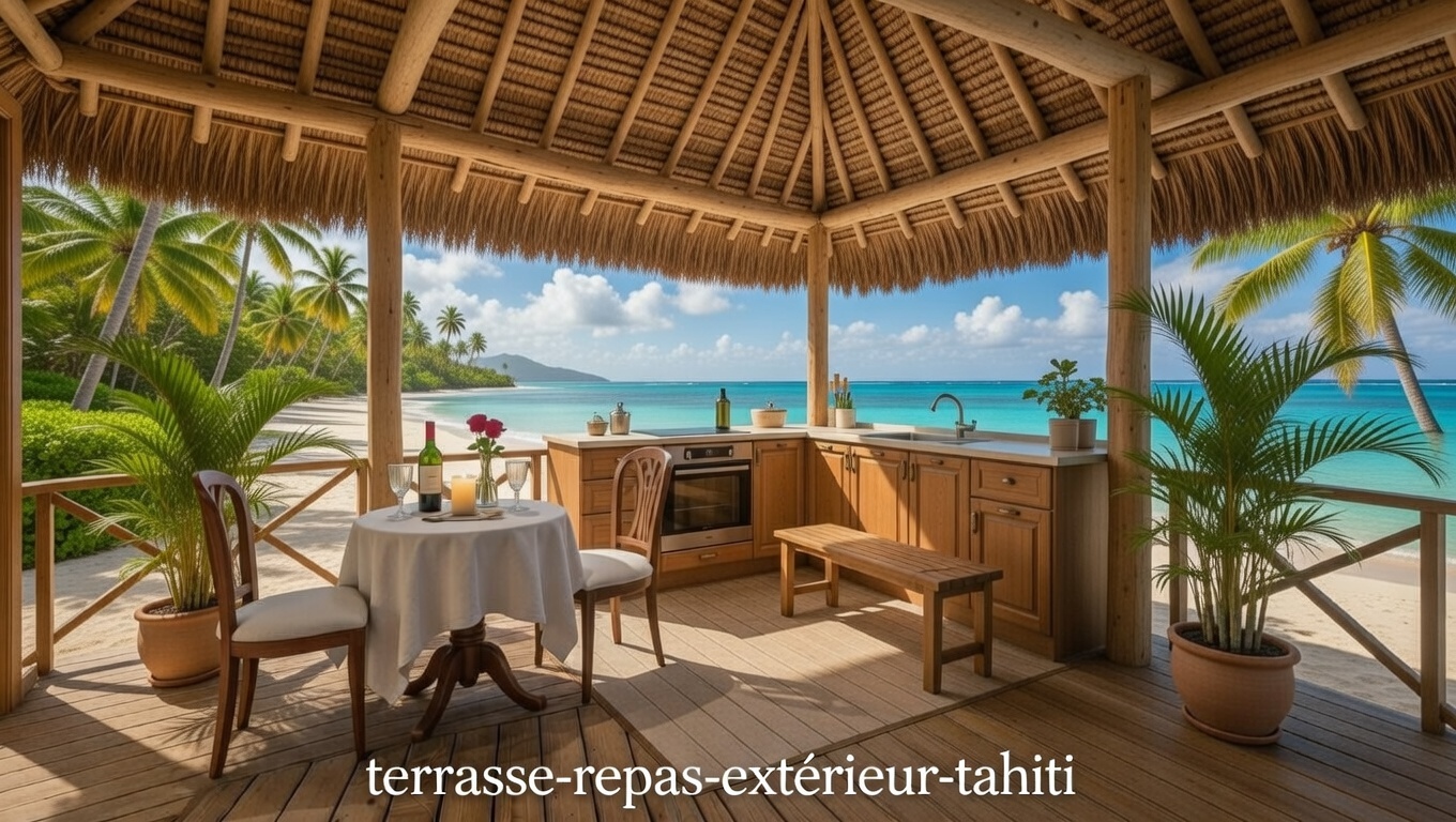 Terrasse extérieure repas romantique à Tahiti